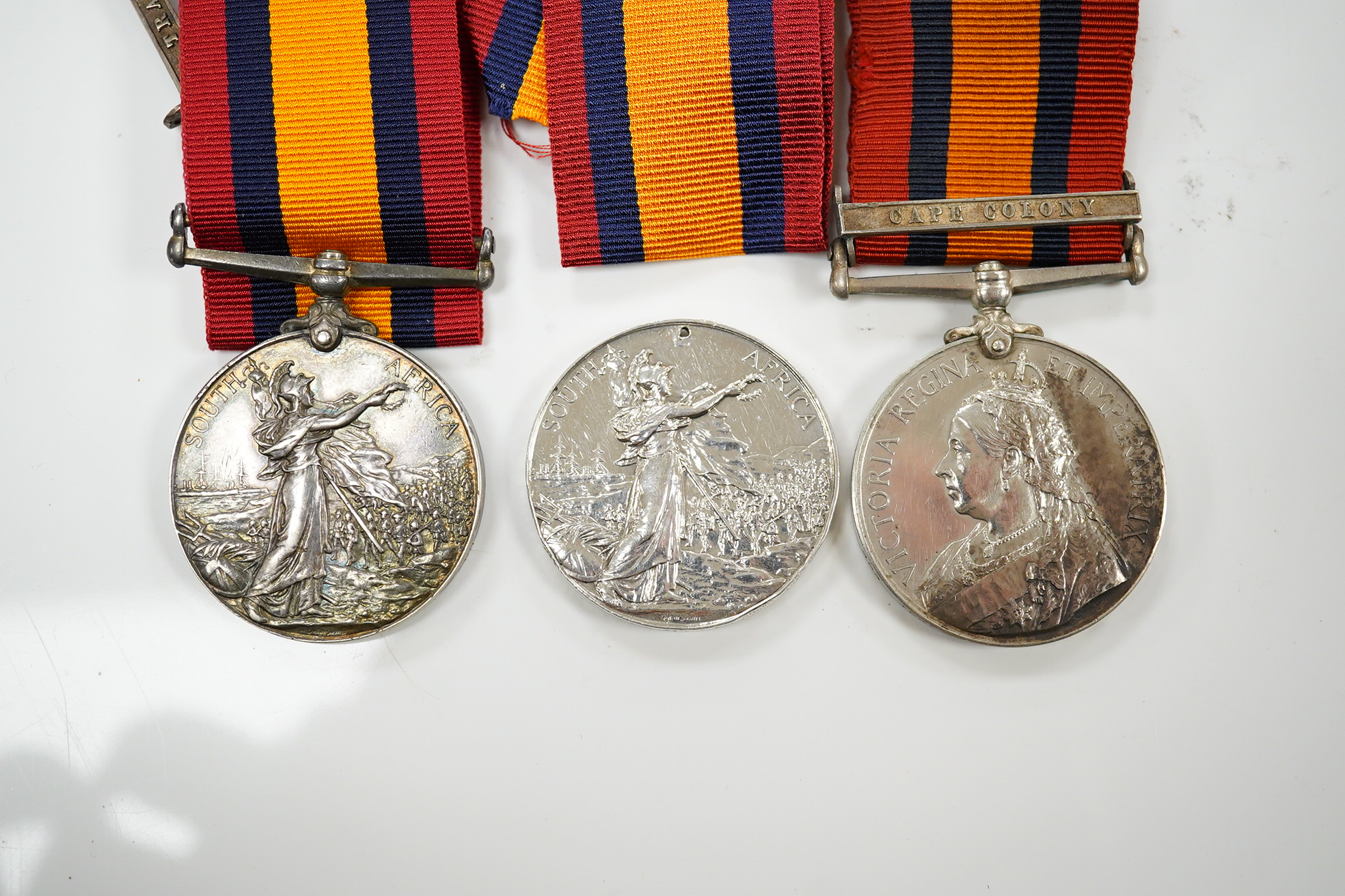 Three Queen's South Africa Medals; Trans & CC to 493 Tpr. T.R.Keegan, W.Prov.M.R.; part erased to 642 Pte E.Boyce Quuenstown Rifle Vol and disc only with Trans and OFS to 2234 Pte J.Martin4th Batt Highland Lt Infy